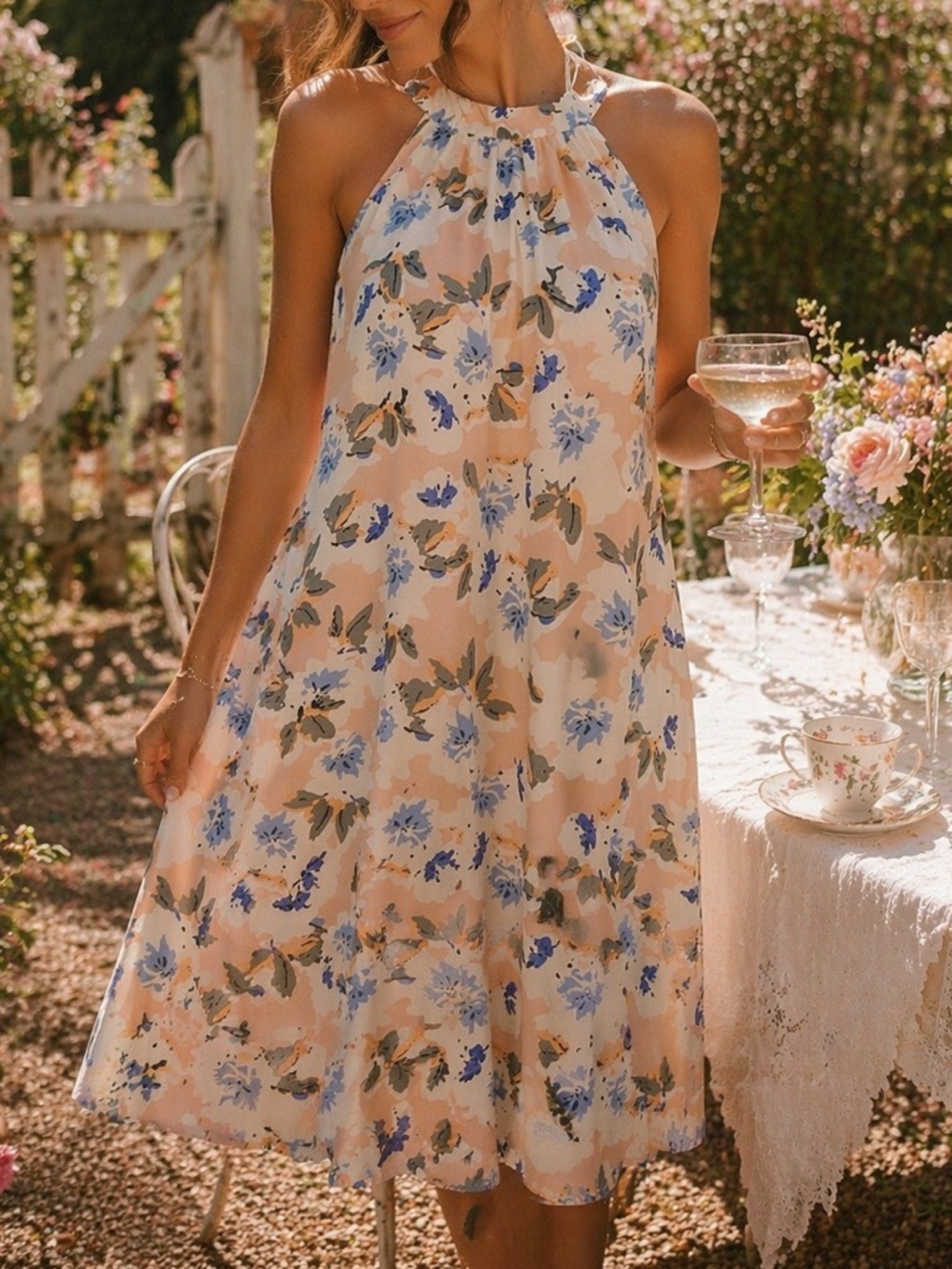 Another Story Floral Halter Dress XS Cottagecore Garden Party Romantic